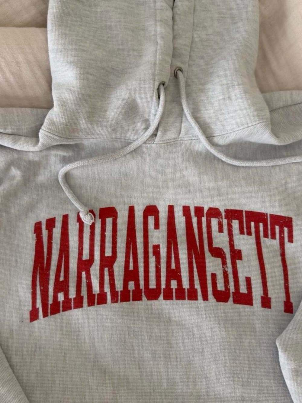 Champion Light Gray Hoodie with Red Collegiate Print